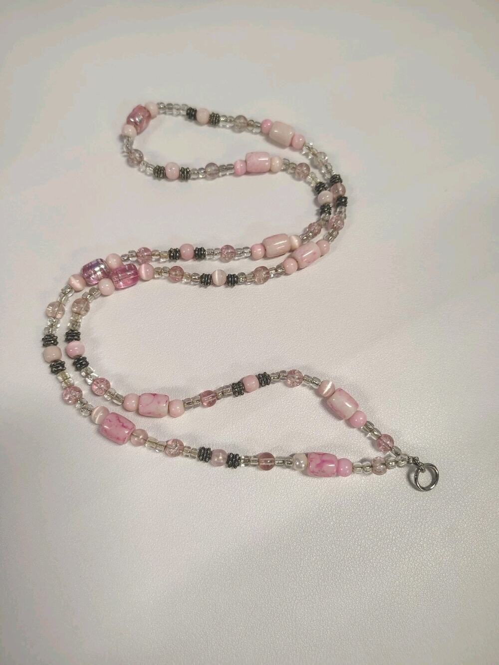 Glass Beaded Lanyard Necklace Pink Clear Silver 30" Teacher Office Travel